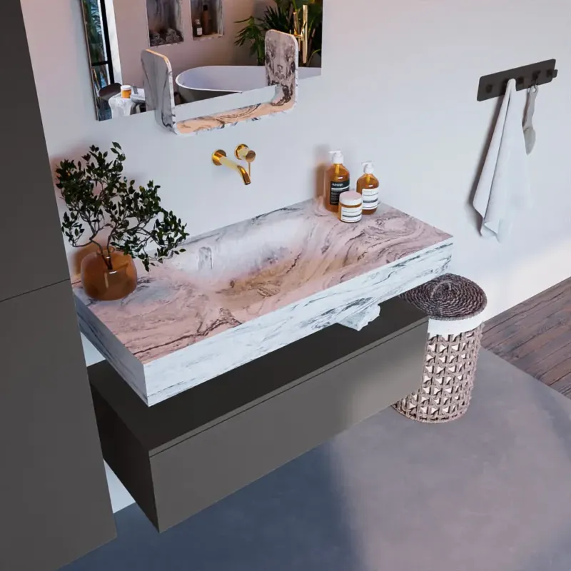 Mondiaz Alan DLux badmeubel 100cm dark grey 1 lade met wastafel glace midden zonder kraangat Tijdelijk Beschikbaar