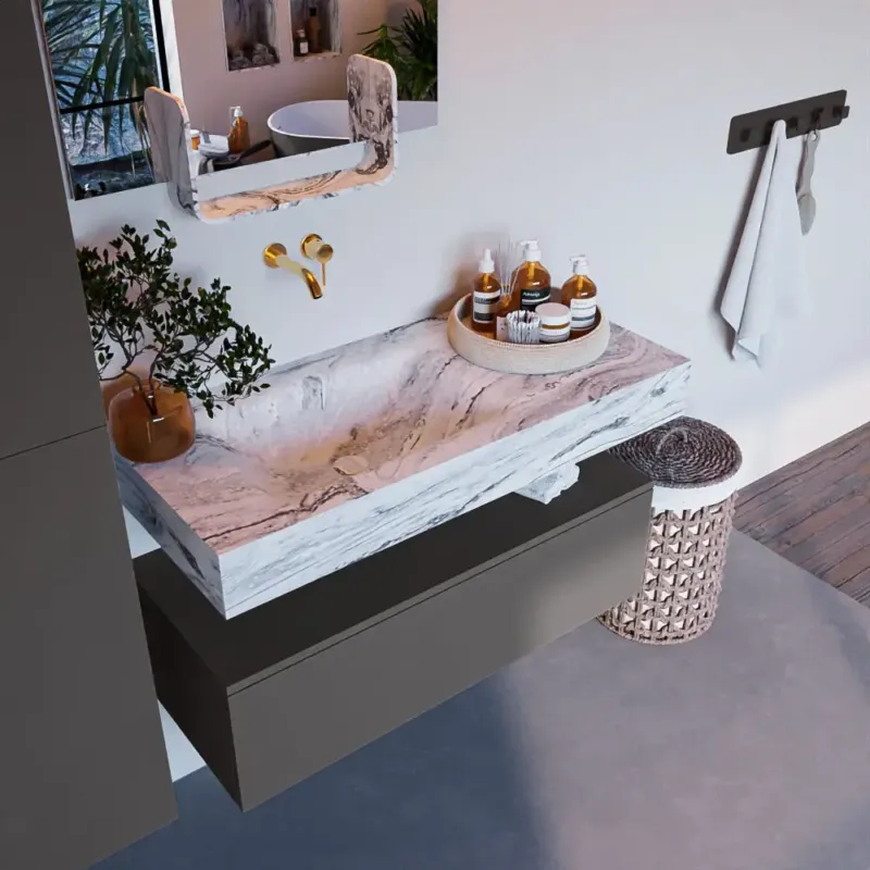 Lage Prijs Mondiaz Alan DLux badmeubel 100cm dark grey 1 lade met wastafel glace links zonder kraangat