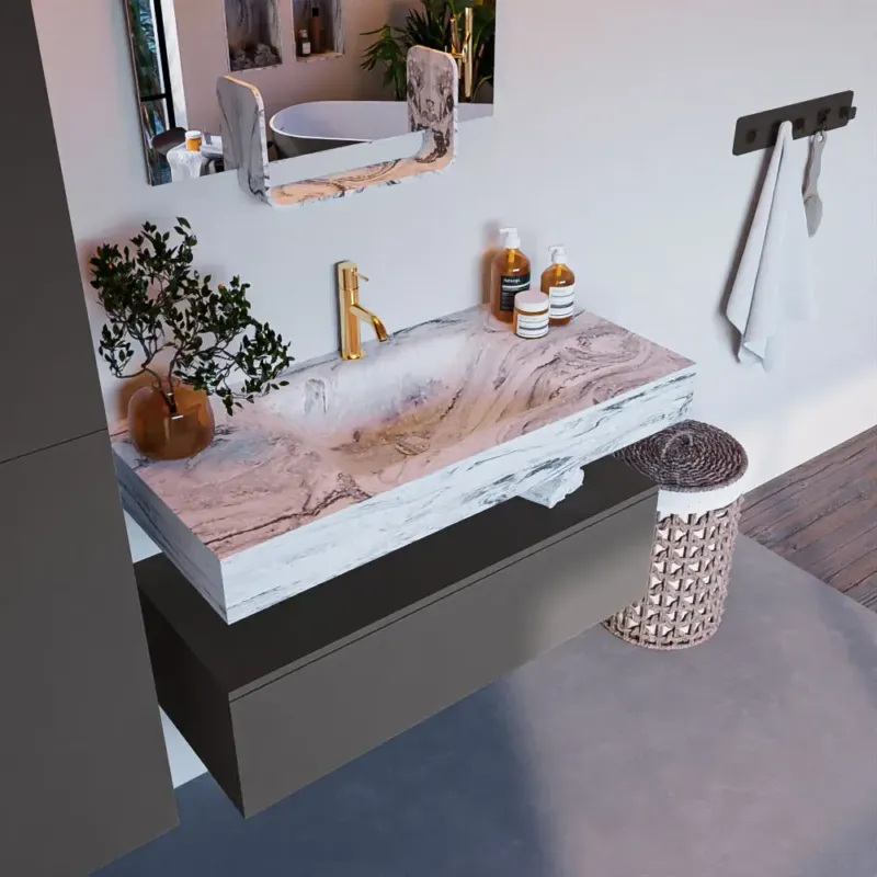 Mondiaz Alan DLux badmeubel 100cm dark grey 1 lade met wastafel glace midden 1 kraangat Beperkt Aanbod