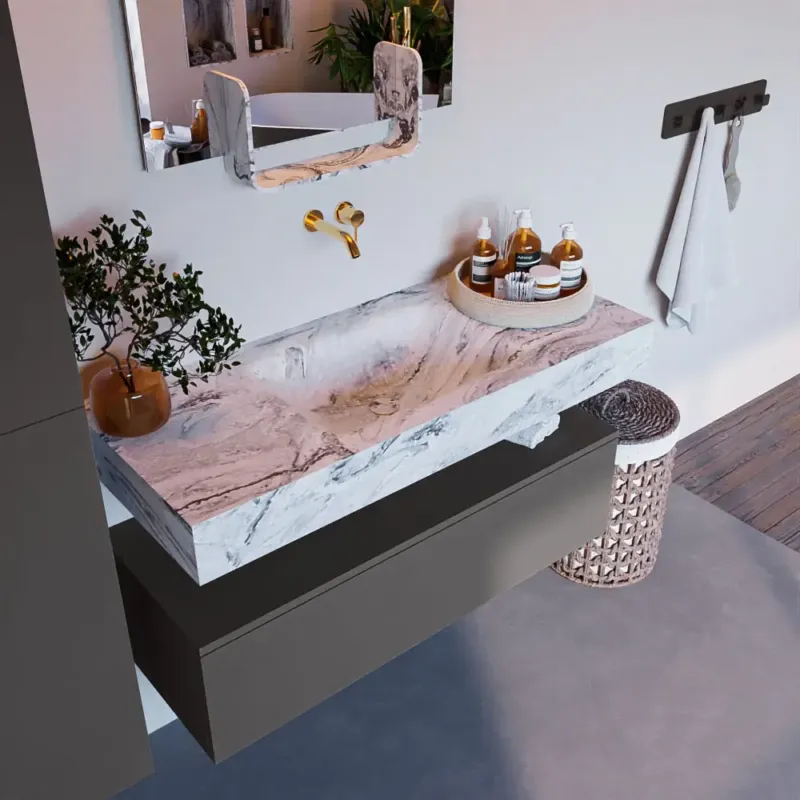 Mondiaz Alan DLux badmeubel 110cm dark grey 1 lade met wastafel glace midden zonder kraangat Lage Kosten
