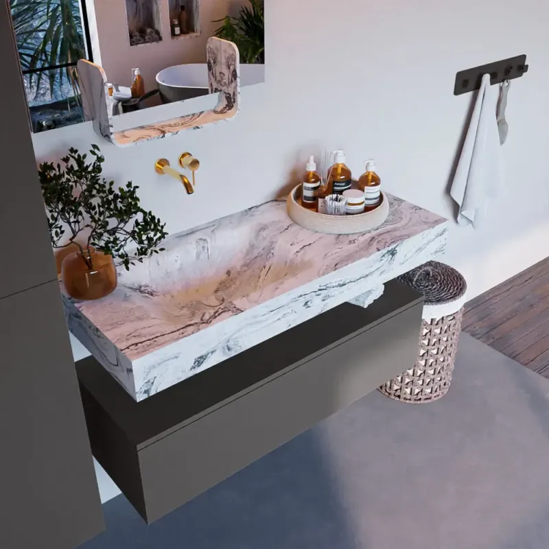 Mondiaz Alan DLux badmeubel 110cm dark grey 1 lade met wastafel glace links zonder kraangat Tijdelijk Beschikbaar