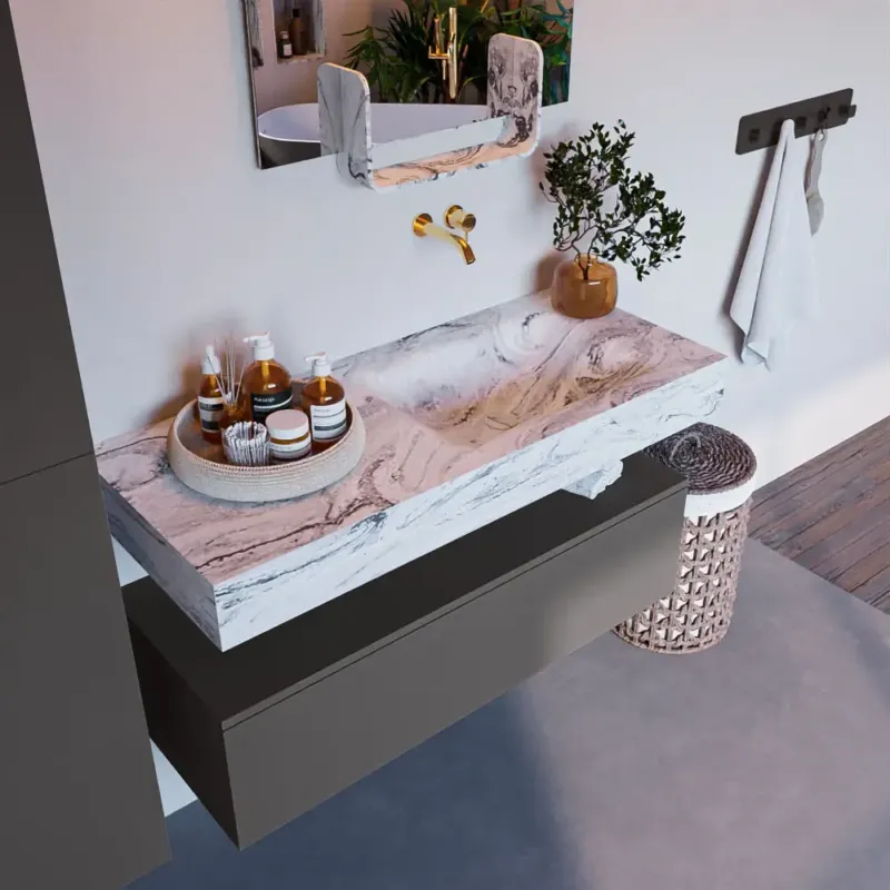 Mondiaz Alan DLux badmeubel 110cm dark grey 1 lade met wastafel glace rechts zonder kraangat Gratis Retour