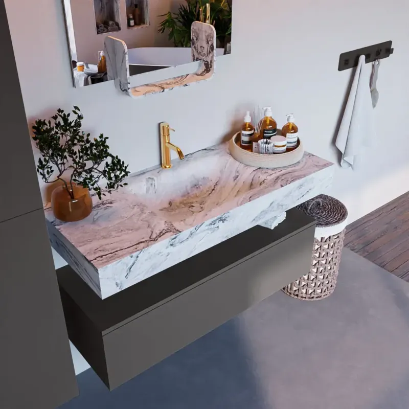Mondiaz Alan DLux badmeubel 110cm dark grey 1 lade met wastafel glace midden 1 kraangat Gratis Retour
