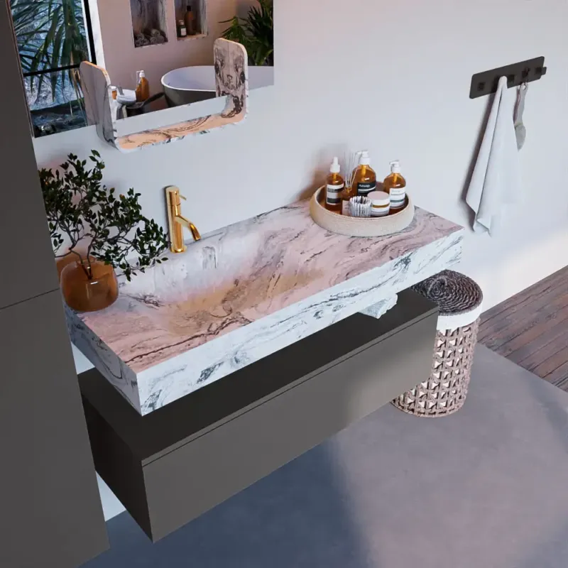 Mondiaz Alan DLux badmeubel 110cm dark grey 1 lade met wastafel glace links 1 kraangat Favoriet