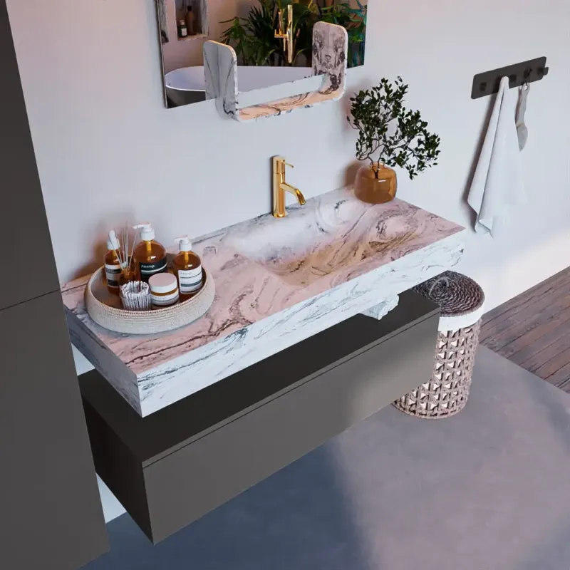 Mondiaz Alan DLux badmeubel 110cm dark grey 1 lade met wastafel glace rechts 1 kraangat Flitsaanbieding