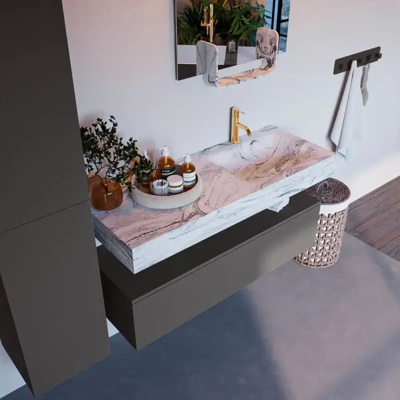 Mondiaz Alan DLux badmeubel 120cm dark grey 1 lade met wastafel glace rechts 1 kraangat Laatste Versie
