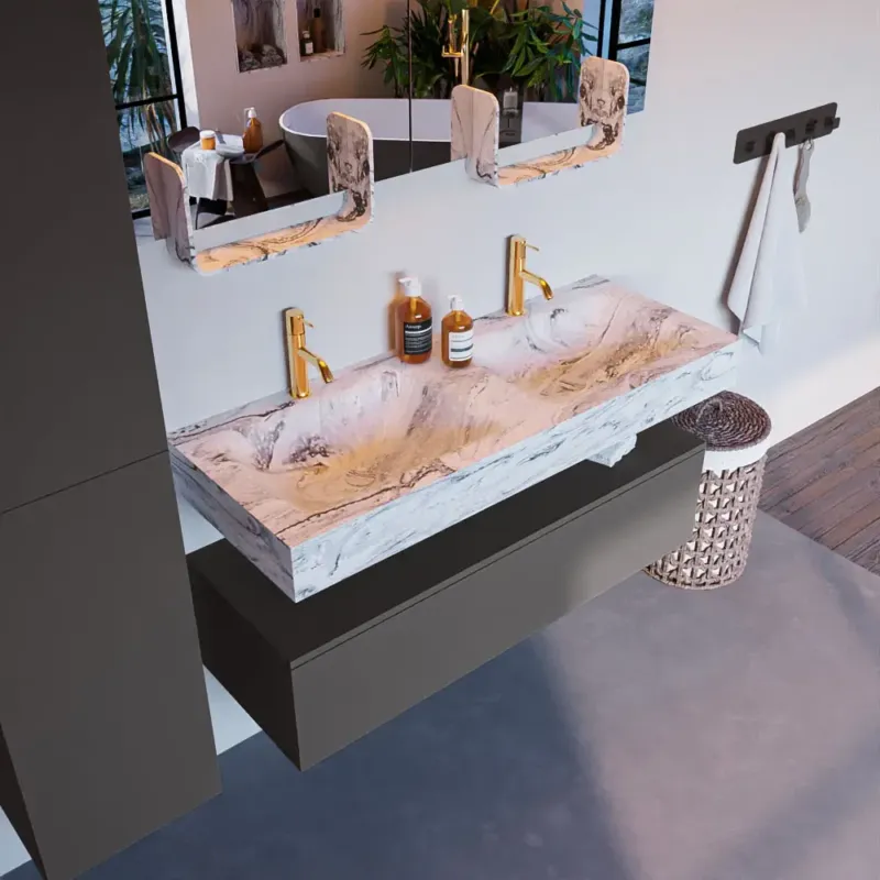 Mondiaz Alan DLux badmeubel 120cm dark grey 1 lade met wastafel glace dubbel 2 kraangaten Superprijs