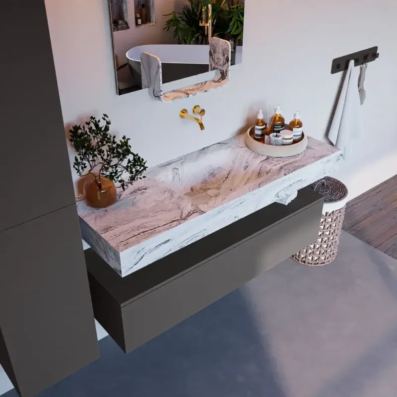 Mondiaz Alan DLux badmeubel 130cm dark grey 1 lade met wastafel glace midden zonder kraangat Koop Online