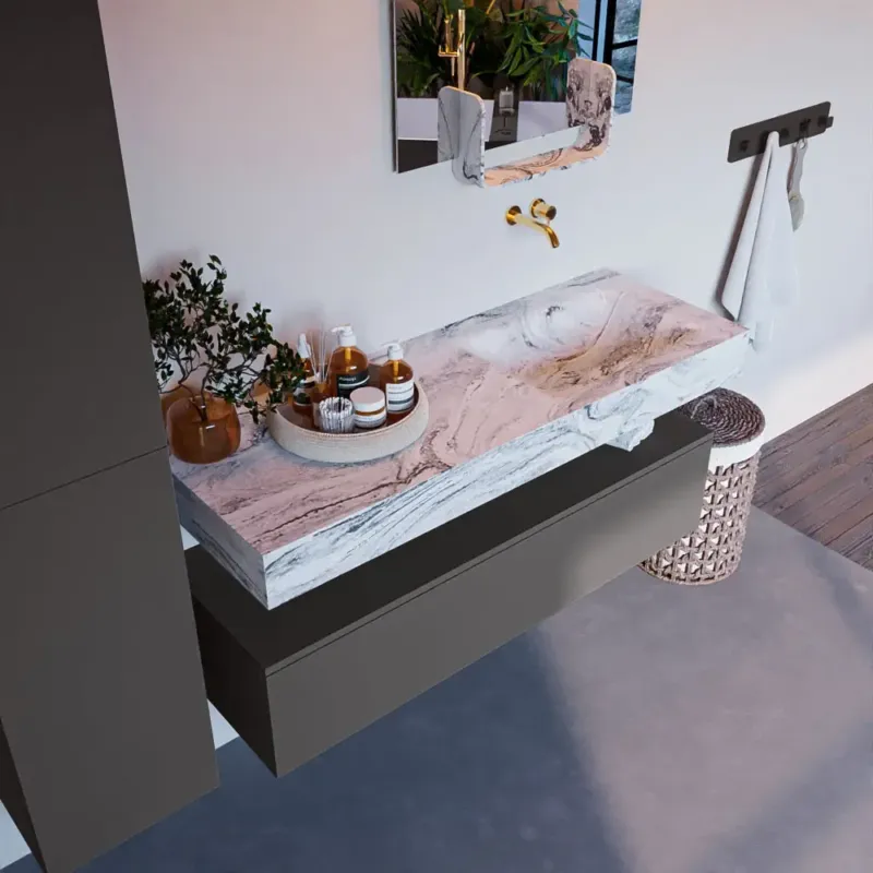 Mondiaz Alan DLux badmeubel 130cm dark grey 1 lade met wastafel glace rechts zonder kraangat Lage Kosten