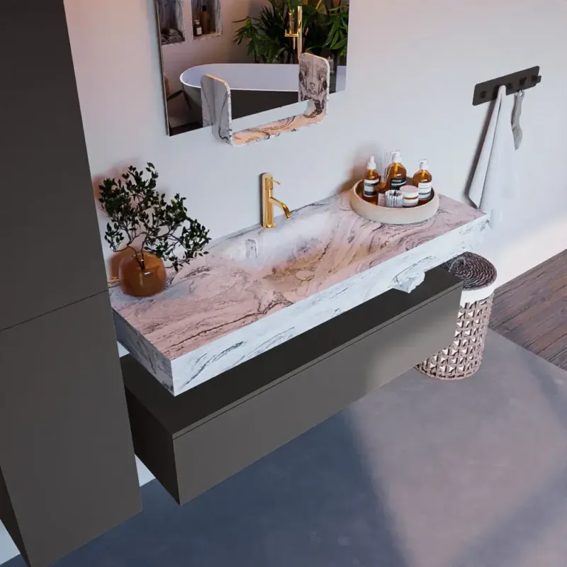 Mondiaz Alan DLux badmeubel 130cm dark grey 1 lade met wastafel glace midden 1 kraangat Beste Prijs