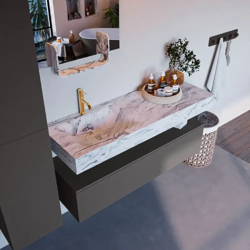 Mondiaz Alan DLux badmeubel 130cm dark grey 1 lade met wastafel glace links 1 kraangat Shop Nu