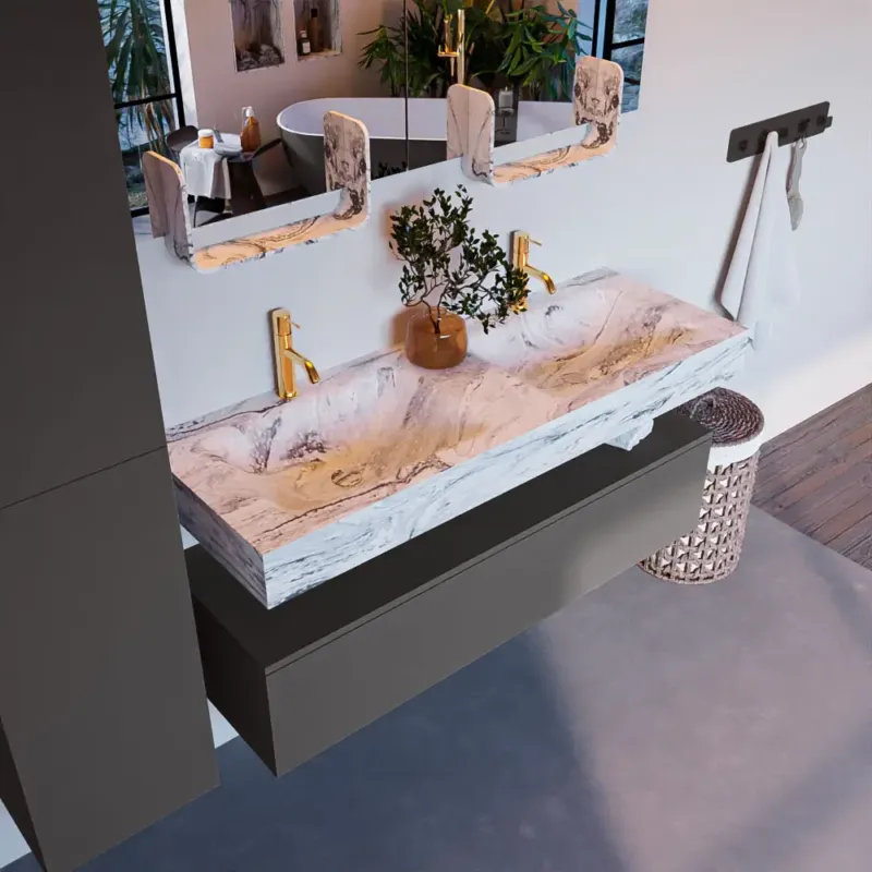 Mondiaz Alan DLux badmeubel 130cm dark grey 1 lade met wastafel glace dubbel 2 kraangaten Fabrieksprijs