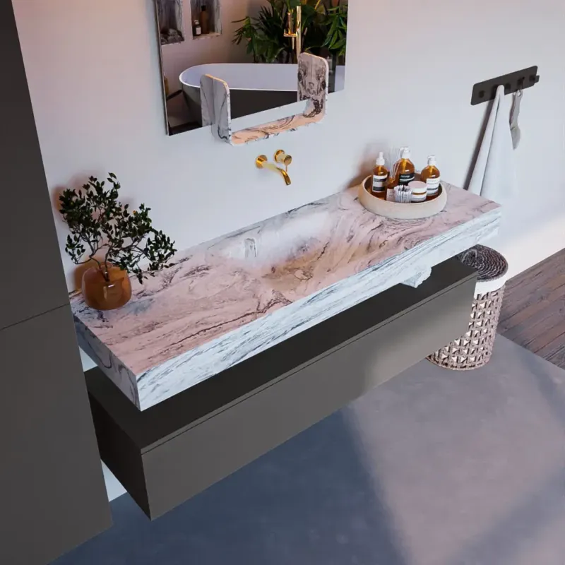 Mondiaz Alan DLux badmeubel 150cm dark grey 1 lade met wastafel glace midden zonder kraangat Dagaanbieding