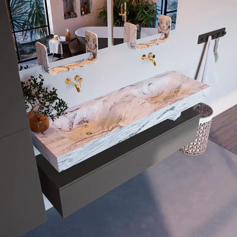 Laatste Versie Mondiaz Alan DLux badmeubel 150cm dark grey 1 lade met wastafel glace dubbel zonder kraangat
