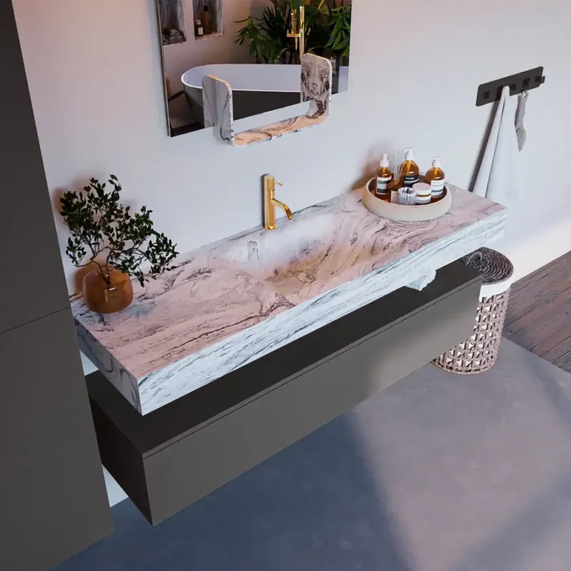 Mondiaz Alan DLux badmeubel 150cm dark grey 1 lade met wastafel glace midden 1 kraangat Fabrieksprijs