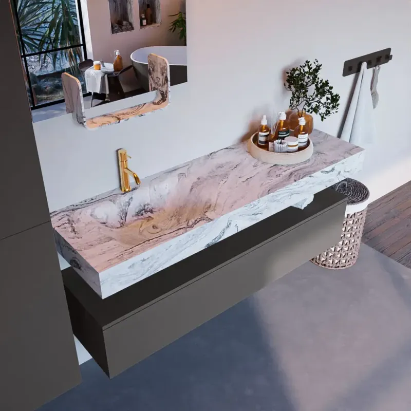Mondiaz Alan DLux badmeubel 150cm dark grey 1 lade met wastafel glace links 1 kraangat Premium