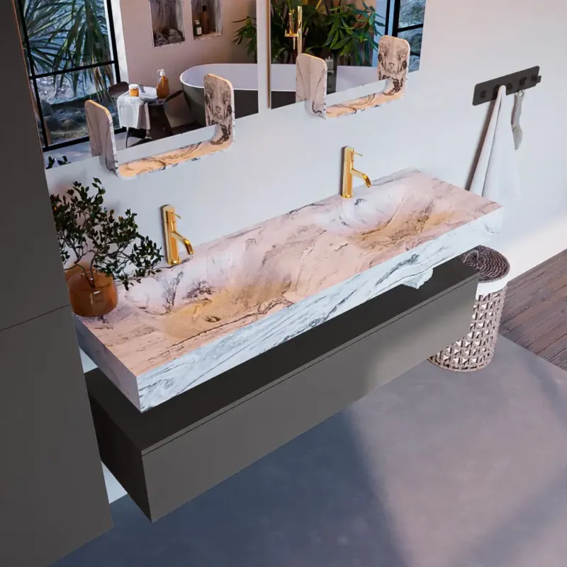 Laatste Versie Mondiaz Alan DLux badmeubel 150cm dark grey 1 lade met wastafel glace dubbel 2 kraangaten