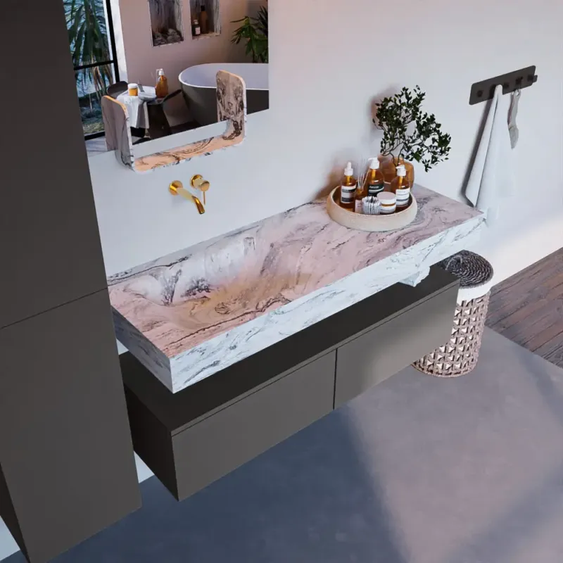 Koopje Mondiaz Alan DLux badmeubel 130cm dark grey 2 lades met wastafel glace links zonder kraangat