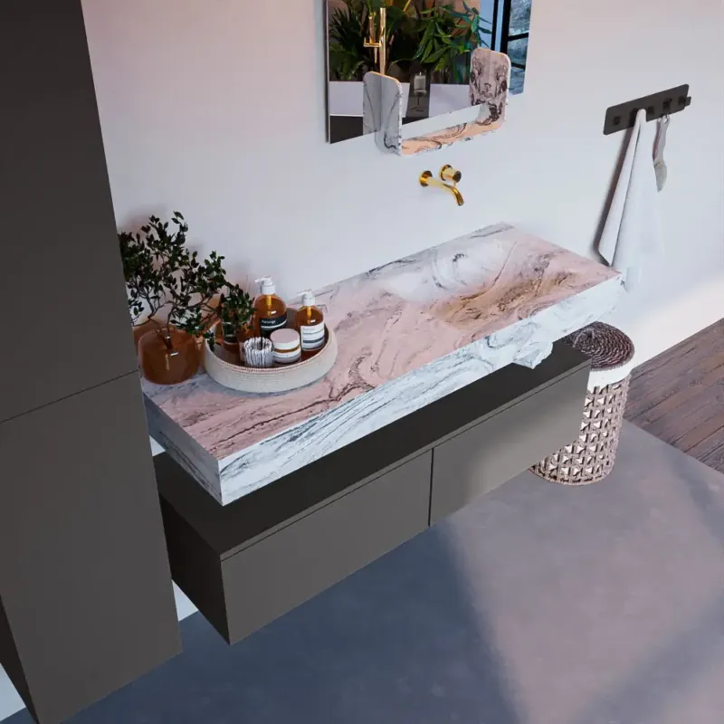 Mondiaz Alan DLux badmeubel 130cm dark grey 2 lades met wastafel glace rechts zonder kraangat Bestel Nu