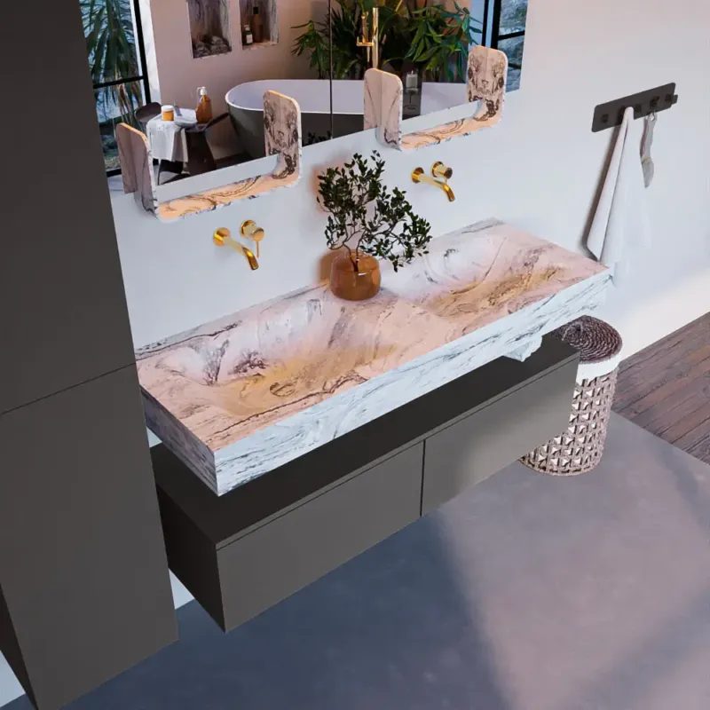 Mondiaz Alan DLux badmeubel 130cm dark grey 2 lades met wastafel glace dubbel zonder kraangat Beperkte Voorraad
