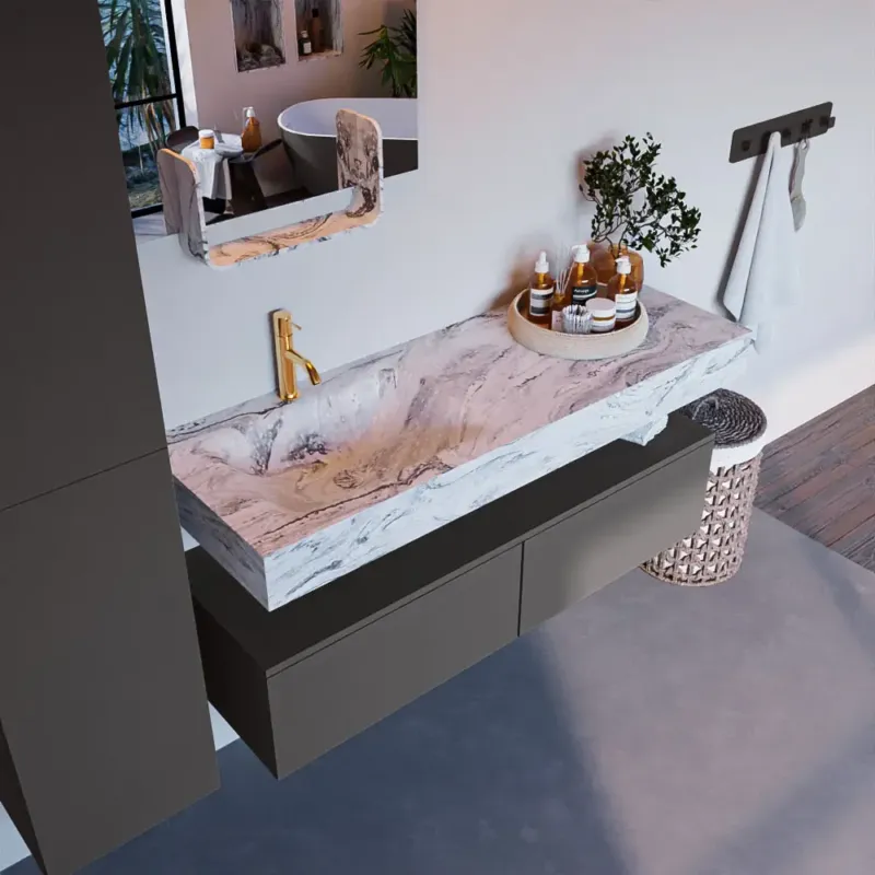 Direct Beschikbaar Mondiaz Alan DLux badmeubel 130cm dark grey 2 lades met wastafel glace links 1 kraangat