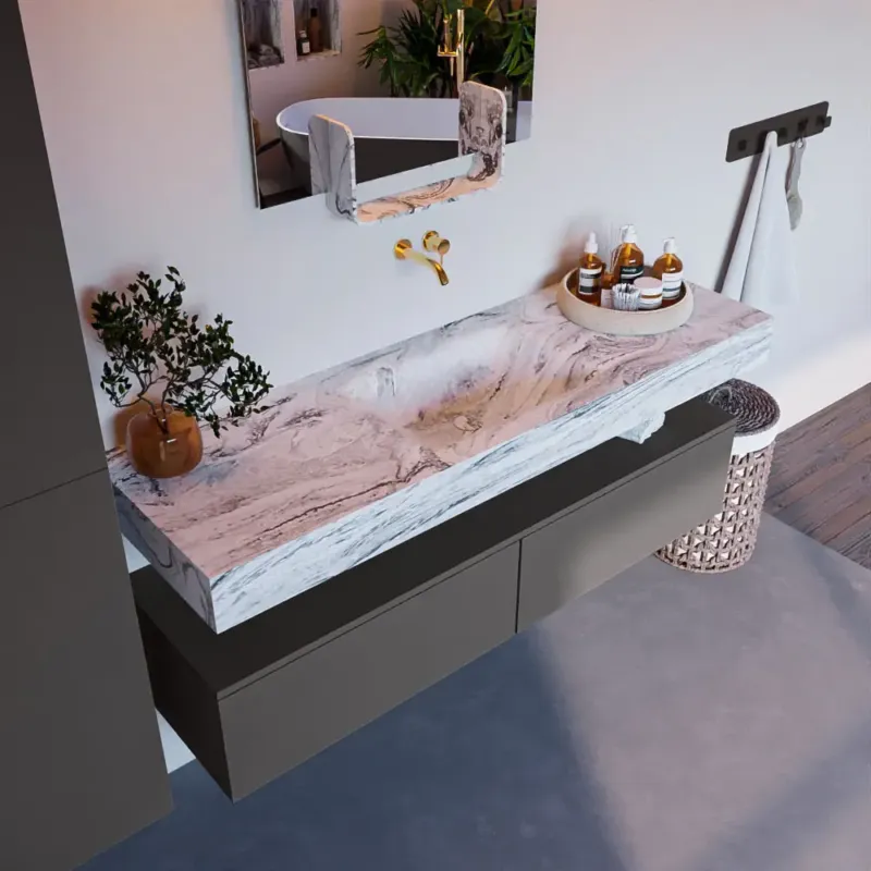 Mondiaz Alan DLux badmeubel 150cm dark grey 2 lades met wastafel glace midden zonder kraangat Gereduceerde Prijs