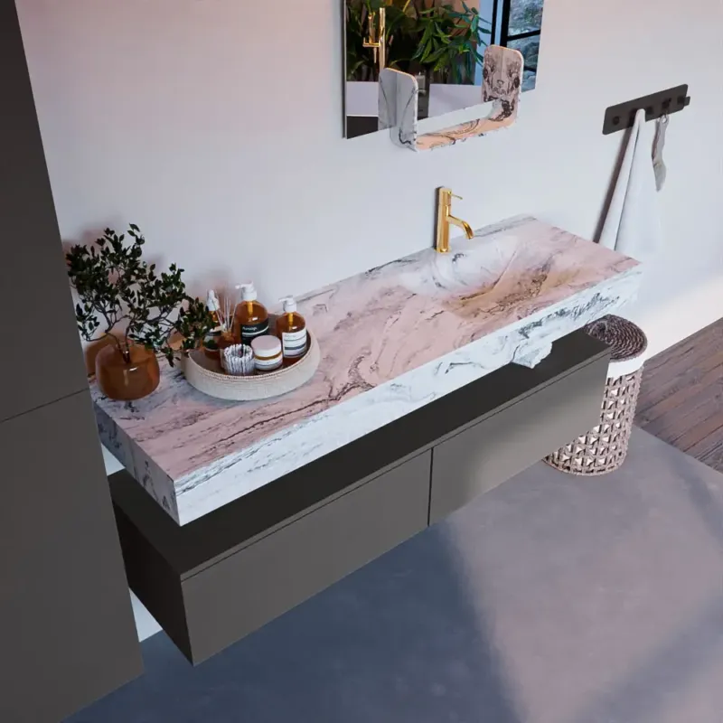 Voordeelprijs Mondiaz Alan DLux badmeubel 150cm dark grey 2 lades met wastafel glace rechts 1 kraangat