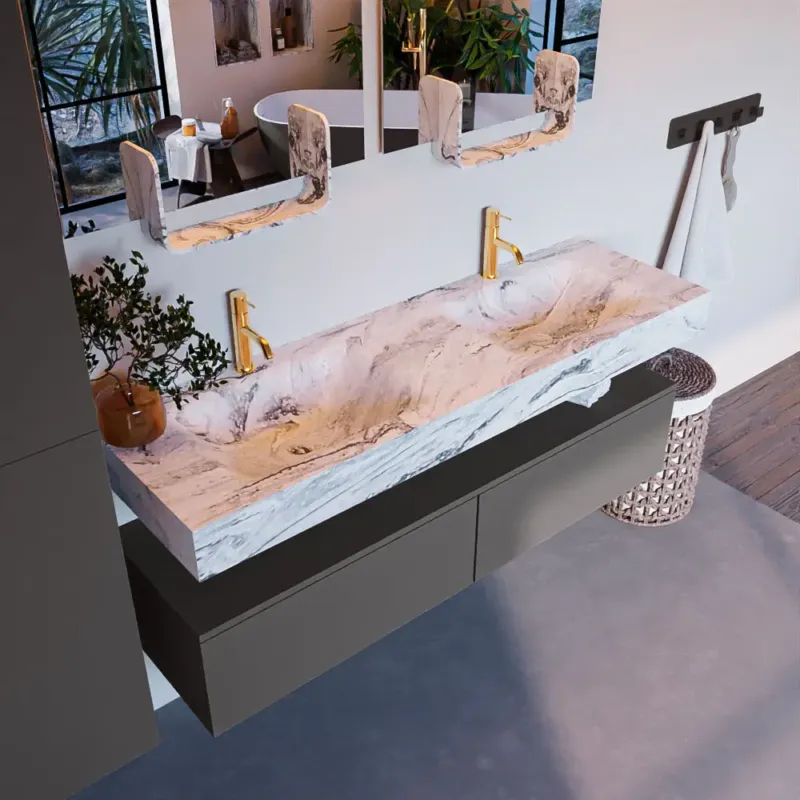 Meest Verkocht Mondiaz Alan DLux badmeubel 150cm dark grey 2 lades met wastafel glace dubbel 2 kraangaten
