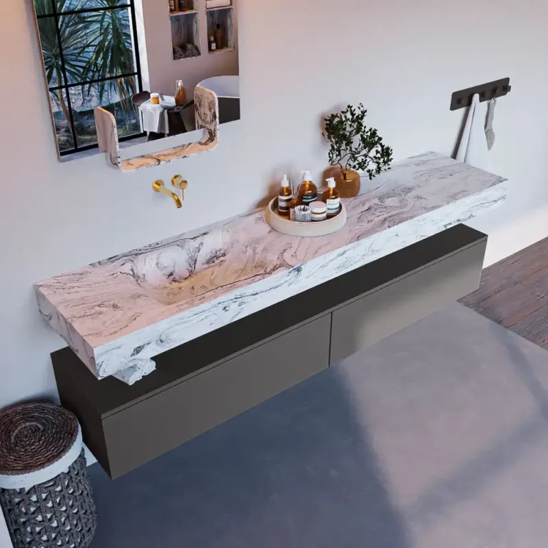 Mondiaz Alan DLux badmeubel 200cm dark grey 2 lades met wastafel glace links zonder kraangat Betrouwbaar
