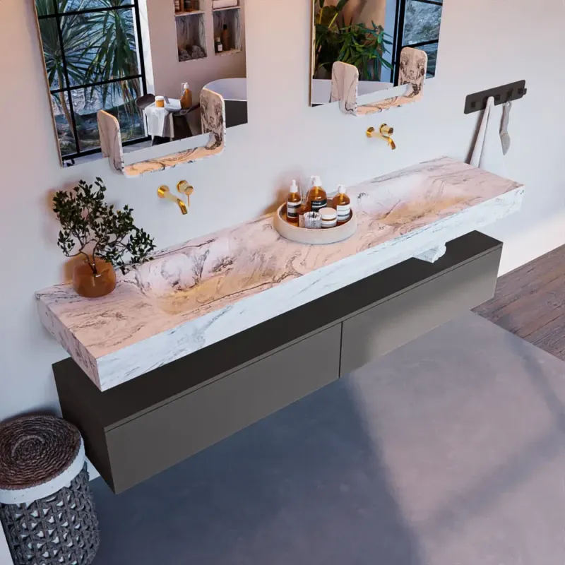Mondiaz Alan DLux badmeubel 200cm dark grey 2 lades met wastafel glace dubbel zonder kraangat Merkproduct