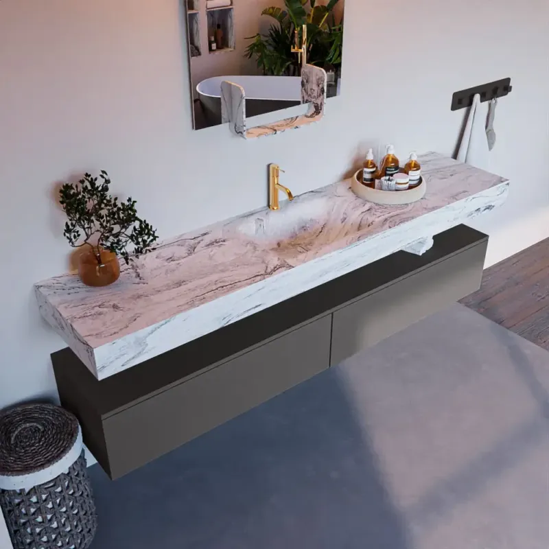 Betaalbaar Mondiaz Alan DLux badmeubel 200cm dark grey 2 lades met wastafel glace midden 1 kraangat