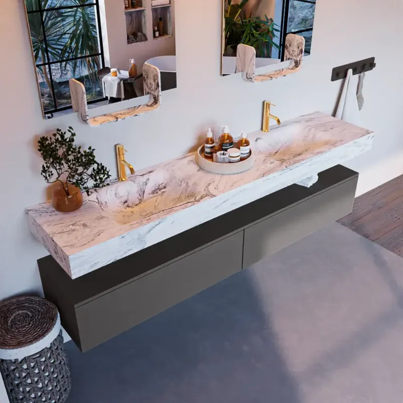 Exclusieve Aanbieding Mondiaz Alan DLux badmeubel 200cm dark grey 2 lades met wastafel glace dubbel 2 kraangaten