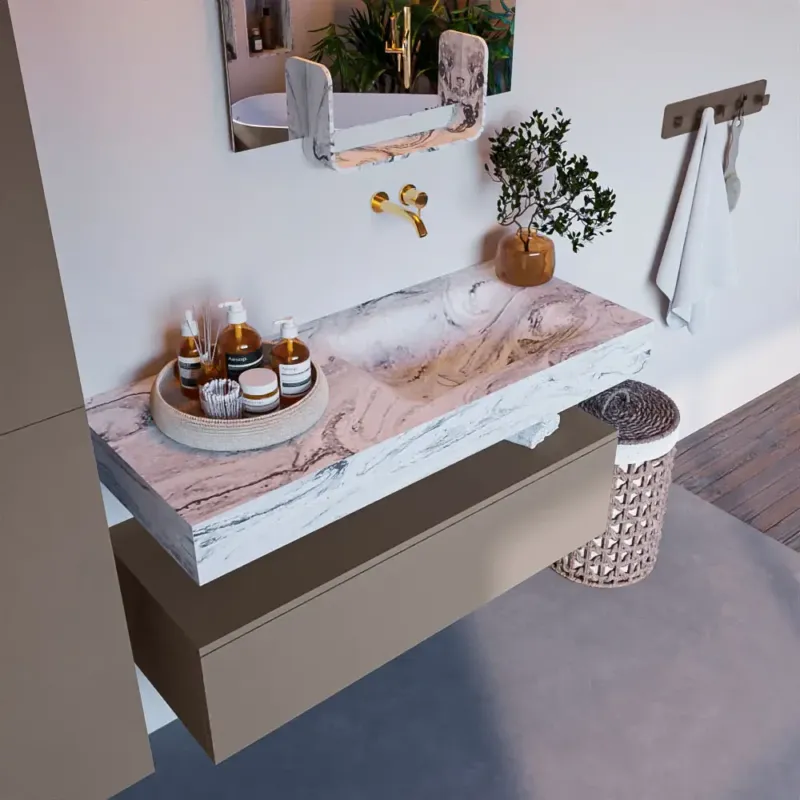 Mondiaz Alan DLux badmeubel 110cm smoke 1 lade met wastafel glace rechts zonder kraangat Favoriet