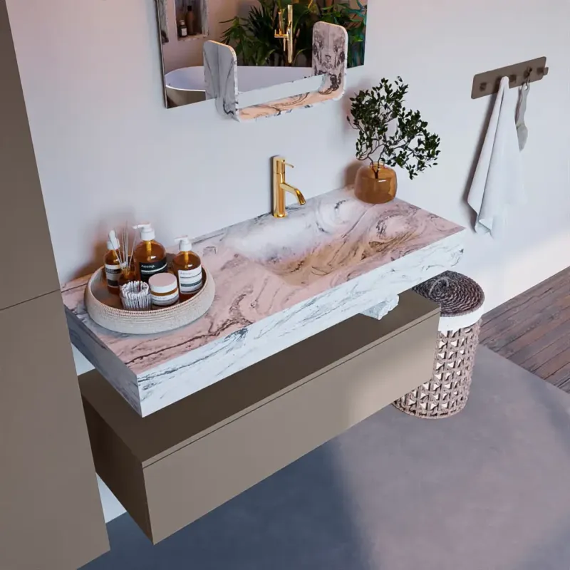 Express Levering Mondiaz Alan DLux badmeubel 110cm smoke 1 lade met wastafel glace rechts 1 kraangat