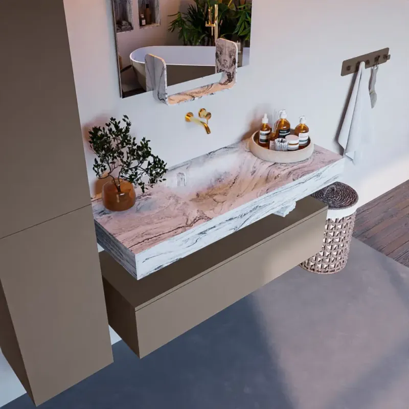 Beperkt Aanbod Mondiaz Alan DLux badmeubel 120cm smoke 1 lade met wastafel glace midden zonder kraangat