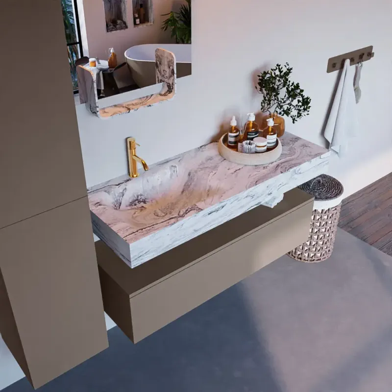 Mondiaz Alan DLux badmeubel 120cm smoke 1 lade met wastafel glace links 1 kraangat Rechtstreeks Van De Fabrikant