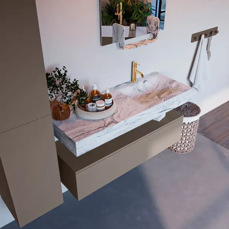 Mondiaz Alan DLux badmeubel 120cm smoke 1 lade met wastafel glace rechts 1 kraangat Gecertificeerd