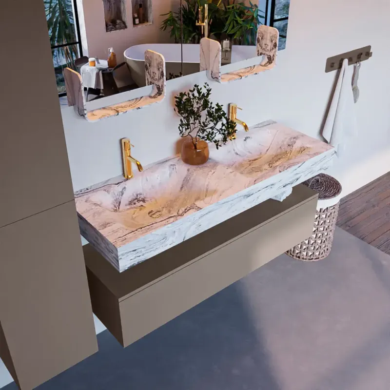 Bestel Nu Mondiaz Alan DLux badmeubel 130cm smoke 1 lade met wastafel glace dubbel 2 kraangaten