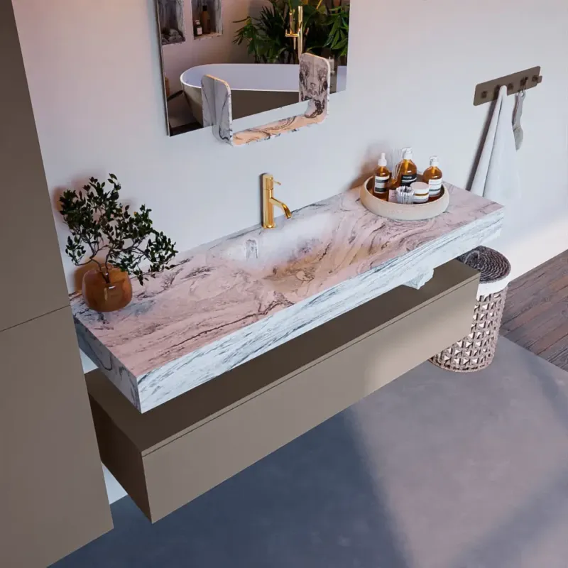 Korting Mondiaz Alan DLux badmeubel 150cm smoke 1 lade met wastafel glace midden 1 kraangat