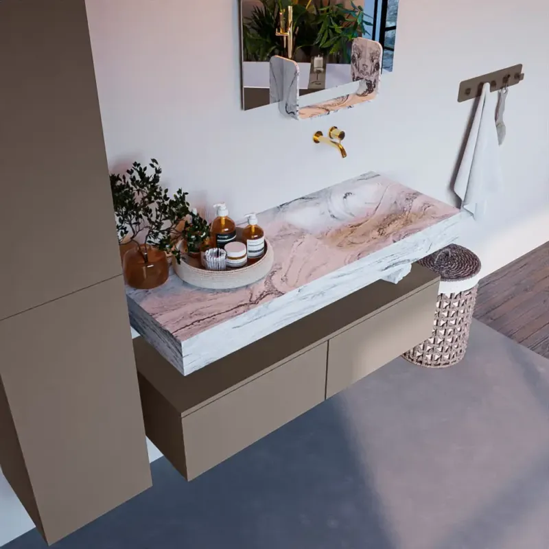Lage Prijs Mondiaz Alan DLux badmeubel 120cm smoke 2 lades met wastafel glace rechts zonder kraangat