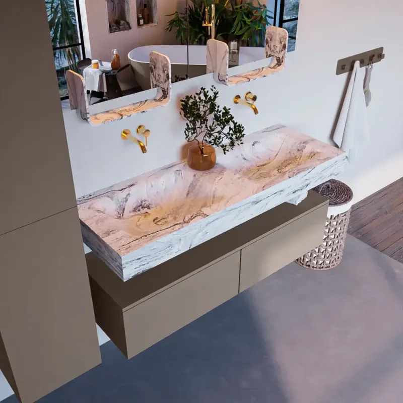 Bestel Nu Mondiaz Alan DLux badmeubel 130cm smoke 2 lades met wastafel glace dubbel zonder kraangat