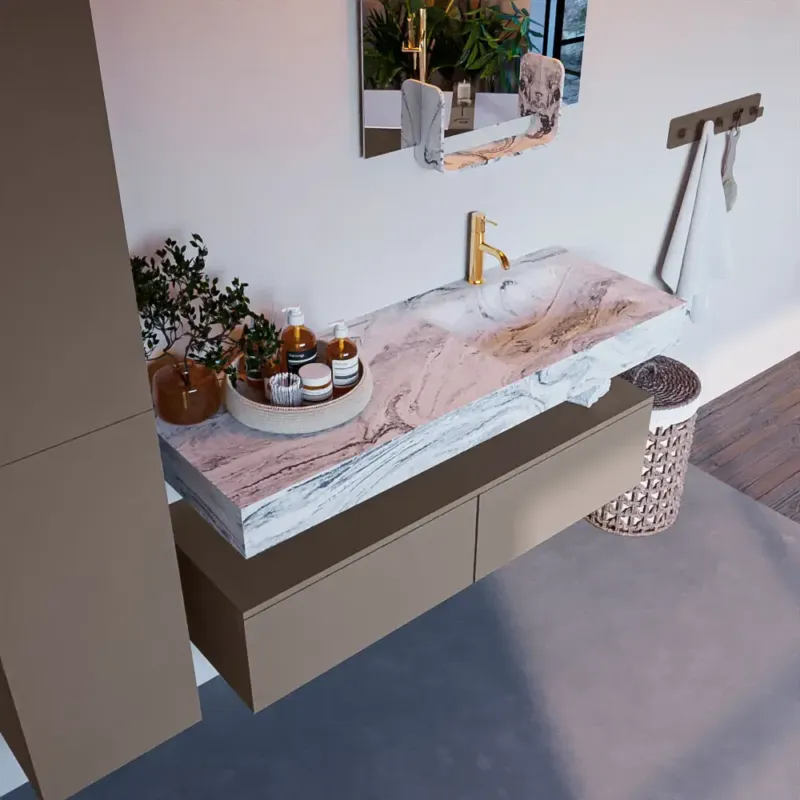 Mondiaz Alan DLux badmeubel 130cm smoke 2 lades met wastafel glace rechts 1 kraangat Direct Verzonden