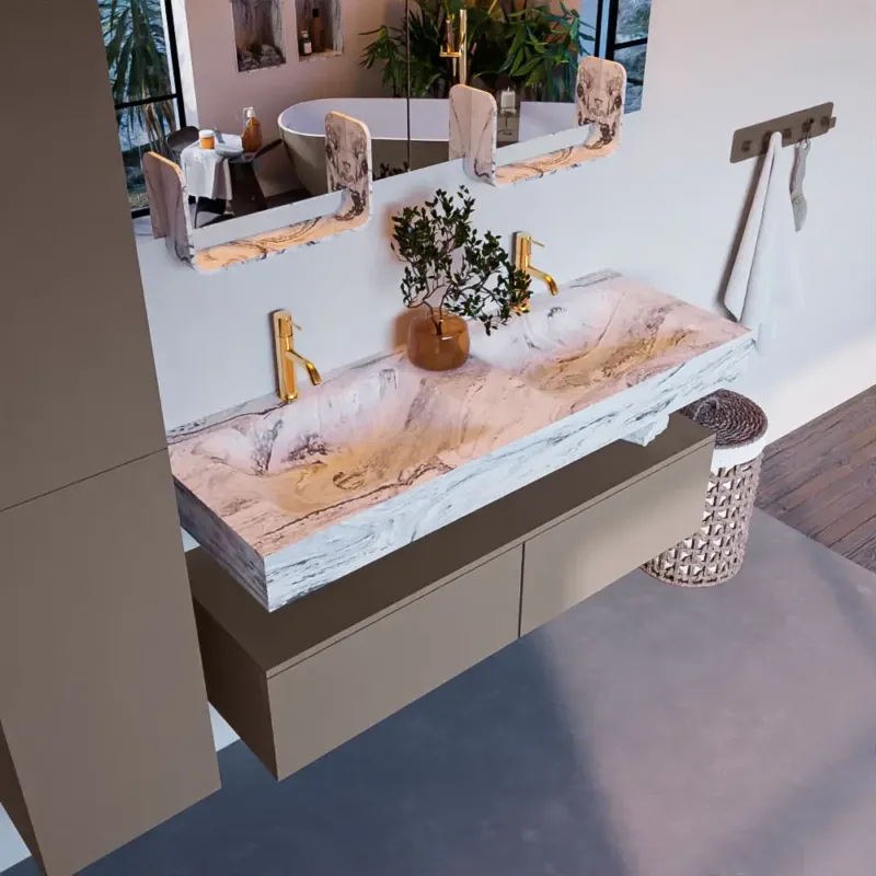Mondiaz Alan DLux badmeubel 130cm smoke 2 lades met wastafel glace dubbel 2 kraangaten Direct Verzonden