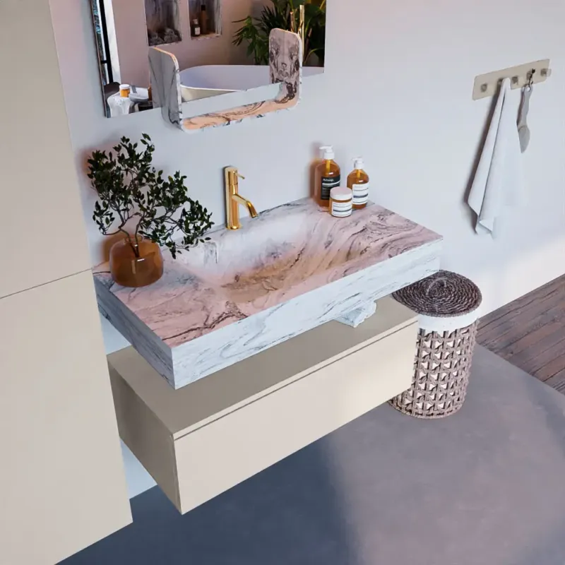 Fabrieksprijs Mondiaz Alan DLux badmeubel 90cm linen 1 lade met wastafel glace midden 1 kraangat