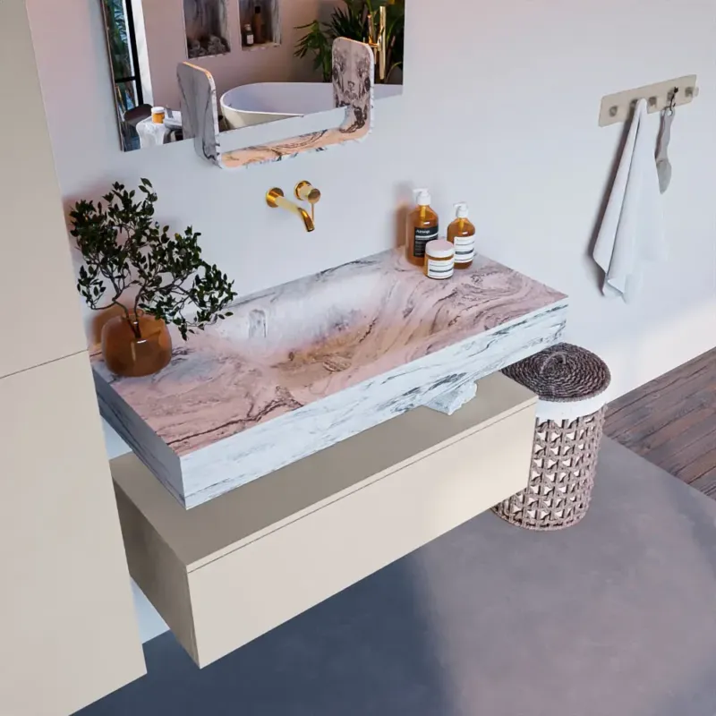 Lage Kosten Mondiaz Alan DLux badmeubel 100cm linen 1 lade met wastafel glace midden zonder kraangat