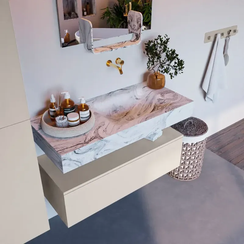 Koopje Mondiaz Alan DLux badmeubel 100cm linen 1 lade met wastafel glace rechts zonder kraangat