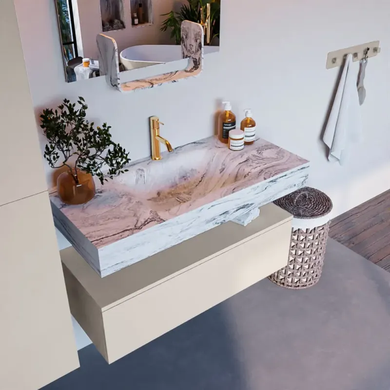 Mondiaz Alan DLux badmeubel 100cm linen 1 lade met wastafel glace midden 1 kraangat Koopje