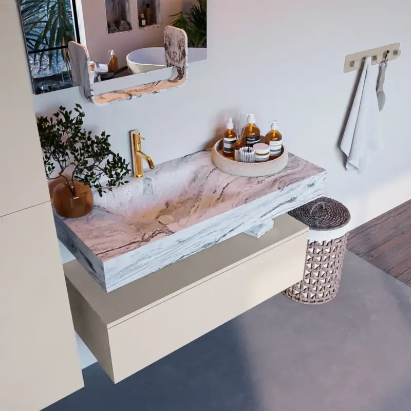 Direct Verzonden Mondiaz Alan DLux badmeubel 100cm linen 1 lade met wastafel glace links 1 kraangat