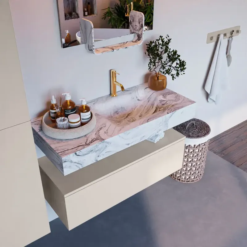 Exclusieve Aanbieding Mondiaz Alan DLux badmeubel 100cm linen 1 lade met wastafel glace rechts 1 kraangat