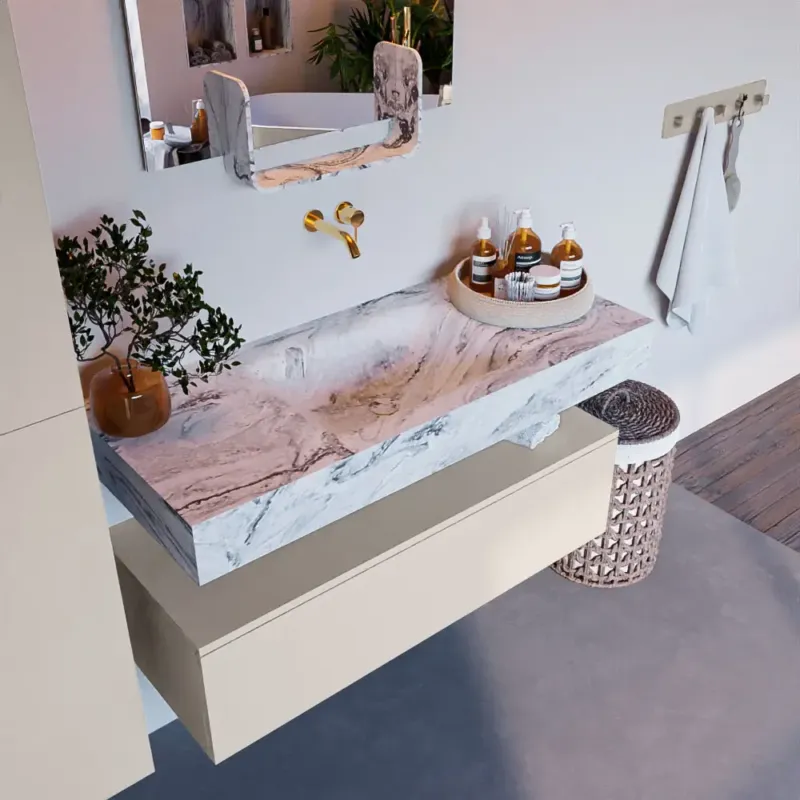 Veilige Betaling Mondiaz Alan DLux badmeubel 110cm linen 1 lade met wastafel glace midden zonder kraangat